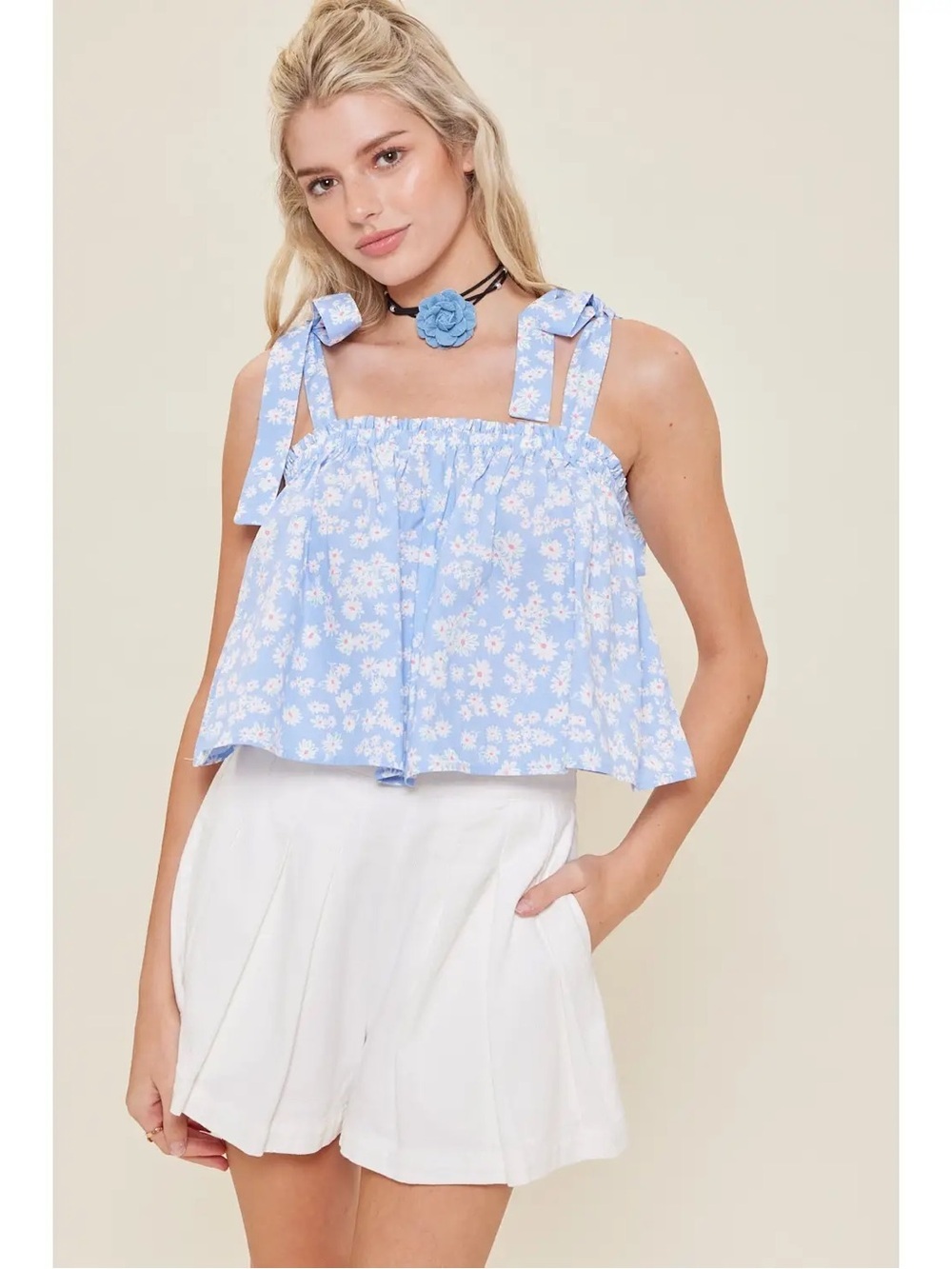 NWT Floral Tie-Strap Crop Top - Light Blue